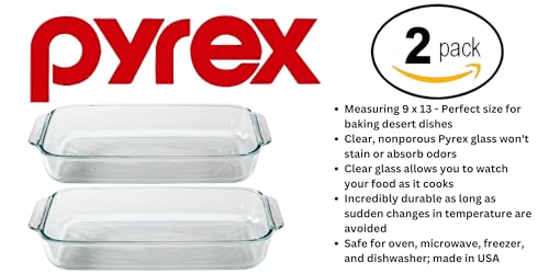 Pyrex Basics 3 Quart Oblong Glass Baking Dish, Clear 9 x 13 inch - Set of 2 - Original Genuine Pyrex - Made in the USA