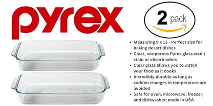Pyrex Basics 3 Quart Oblong Glass Baking Dish, Clear 9 x 13 inch - Set of 2 - Original Genuine Pyrex - Made in the USA