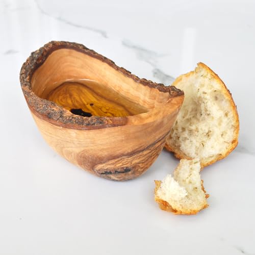 Naturally Med Olive Wood Dipping Bowl - Rustic. Olive wood bowl for dipping oils, condiments, olive bowl, snack bowl, tapas dish. Handcrafted in Tunisia.