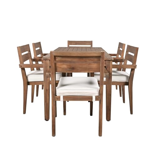 Hlcodca 7 Piece Patio Dining Table Set with Removable Cushion, Outdoor Acacia Wood Furniture Set for Garden, Backyard, Lawn, Poolside (A-Burly Wood)