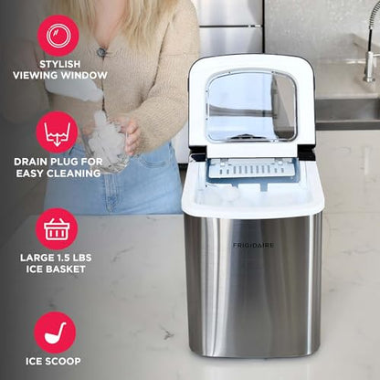 Frigidaire Compact Countertop Ice Maker, Makes 26 Lbs. of Bullet Shaped Ice Cubes Per Day, Silver Stainless