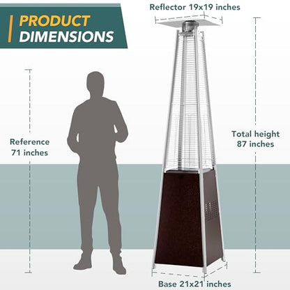 Pamapic Patio Heater, 48,000 BTU Pyramid Flame Outdoor Heater with Cover, Quartz Glass Tube, 87" Hammered Bronze Tower Propane Outdoor Heater with Wheels