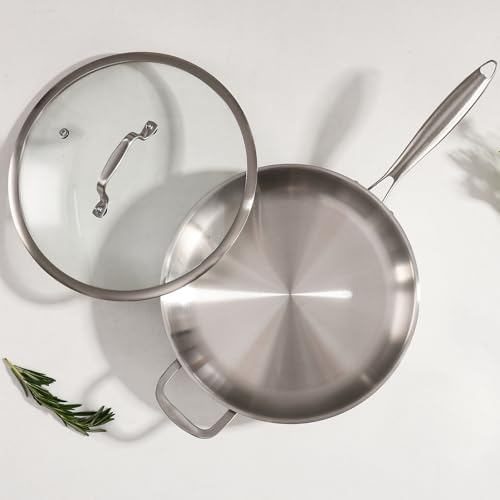 DELARLO Tri-Ply Stainless Steel Pan, 18/10 Frying Pan, Oven Safe Up to 600°F, Nontoxic Cookware, Compatible with All Cooktops Skillet, Durable, Fast Even Heat Fry Pan,Large 14.2 Inch Frying Pan