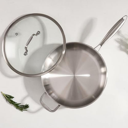 DELARLO Tri-Ply Stainless Steel Pan, 18/10 Frying Pan, Oven Safe Up to 600°F, Nontoxic Cookware, Compatible with All Cooktops Skillet, Durable, Fast Even Heat Fry Pan,Large 14.2 Inch Frying Pan