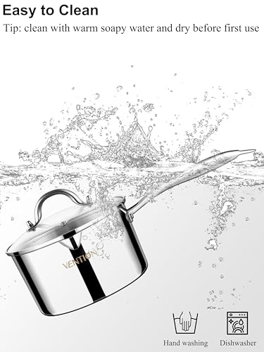 VENTION Tri-Ply Stainless Steel 1 Quart Saucepan with Lid, Bright Small Sauce Pan with Pour Spout, Small Pots for Cooking