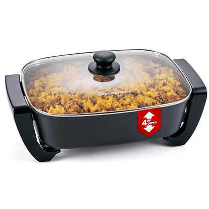 Elite Gourmet 15" x 12" x 4" Electric Skillet, Xtra Deep Dish, Ceralast™ PFAS Free Ceramic, 1500W Rapid Heat, Tempered Glass Vented Lid, Dishwasher Safe, 12.5 Qt., Black/Gray
