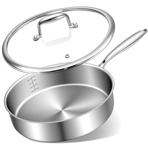 EWFEN 12 Inch Tri-Ply Stainless Steel Frying Pan, Compatible with All Cooktops Up to 600℉, Large Frying Pan with lids, Induction-Ready Skillet, Dishwasher and Oven Safe, Even Heat, 12" Saute Pan+Lid