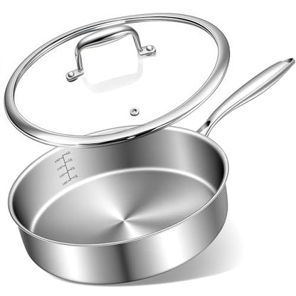 EWFEN 12 Inch Tri-Ply Stainless Steel Frying Pan, Compatible with All Cooktops Up to 600℉, Large Frying Pan with lids, Induction-Ready Skillet, Dishwasher and Oven Safe, Even Heat, 12" Saute Pan+Lid