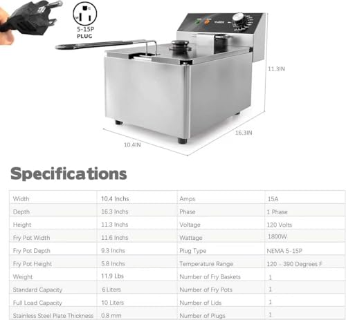 VIKEER Electric Deep Fryer Countertop Deep Fryer with Basket and Lid Capacity 10L(10.5QT) Stainless Steel Single Tank Fryer for Home Use Easy to Clean Oil Fryers 1800 Watts, 120V
