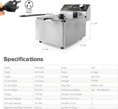 VIKEER Electric Deep Fryer Countertop Deep Fryer with Basket and Lid Capacity 10L(10.5QT) Stainless Steel Single Tank Fryer for Home Use Easy to Clean Oil Fryers 1800 Watts, 120V