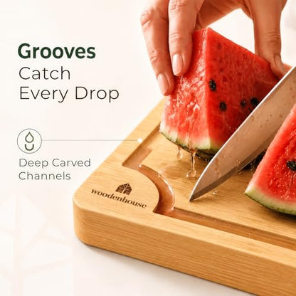 Set of 3 Bamboo Cutting Boards for Kitchen - Thick & Durable Wood Cutting Boards Set with Deep Juice Grooves & Build-in Handles, Large Surface, Easy to Clean – for Meat, Vegetables and Fruits