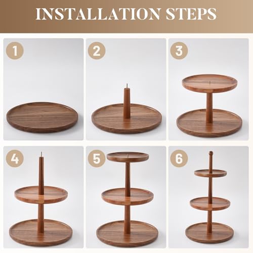 BURMAN Cupcake Stand Dessert Table Display Set – 2 in 1 Adjustable Height Rustic Natural Acacia Cupcake Holder Round Wood Tray – Three Tiered Serving Stand with Rotating Wheels, Anti Slip Stickers