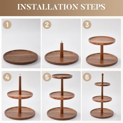BURMAN Cupcake Stand Dessert Table Display Set – 2 in 1 Adjustable Height Rustic Natural Acacia Cupcake Holder Round Wood Tray – Three Tiered Serving Stand with Rotating Wheels, Anti Slip Stickers