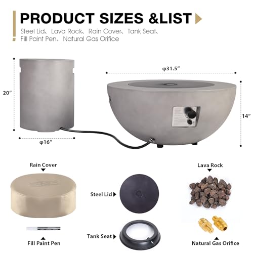 ReeQuo 2-Piece Outdoor Propane Fire Pit Table Set w/Tank Cover Table, 31.5-inch 50,000 BTU Bowl Concrete Firepit SUS201 Round Burner with Steel Lid, Lava Rocks, Rain Cover…