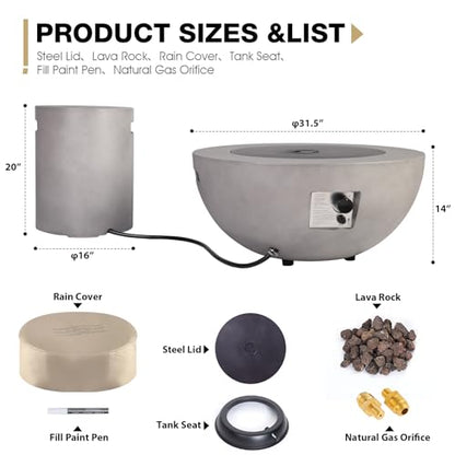 ReeQuo 2-Piece Outdoor Propane Fire Pit Table Set w/Tank Cover Table, 31.5-inch 50,000 BTU Bowl Concrete Firepit SUS201 Round Burner with Steel Lid, Lava Rocks, Rain Cover…