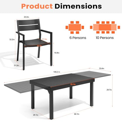 Pellebant 11-Piece Aluminum Outdoor Patio Dining Table Set for 10, Expandable Sturdy Table and Stackable Chairs with Armrest, Weather-Resistant for Deck Backyard Poolside