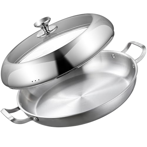 DELARLO 14 inch Paella Pan With Lid Tri-Ply Large Frying Pan Stainless Steel,Induction Skillets,Fast Heating Cookware,Indoors Outdoors,paelleras para 12 personas Jumbo Cooker