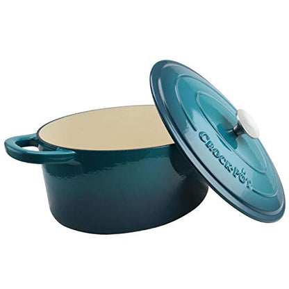 Crock-Pot Artisan 7-Quart Oval Enameled Cast Iron Dutch Oven – Teal Ombre, Durable Cookware for Slow Cooking, Roasting, Baking with Lid