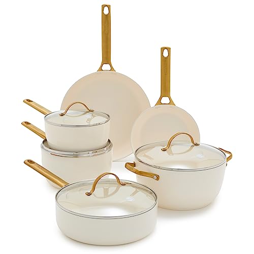 GreenPan Hard Anodized Healthy Ceramic Nonstick 10 Piece Cookware Pots and Pans Set, Gold-Tone Stainless Steel Handles, PFAS & PFOA-Free, Dishwasher Safe, Oven & Broiler Safe, Cream White