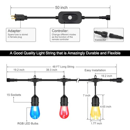 Mlambert 48FT Outdoor Patio Lights Waterproof Dimmable with Remote, RGB Cafe LED String Light with 15 Shatterproof Bulbs for Bistro Party-Black 1 Pack
