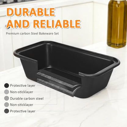 KOOMADE 10PCS Nonstick Baking Pans Set - Bakeware Sets for Cooking, Oven and Dishwasher Safe, Non Toxic, Includes Cookie Sheets for Baking, Muffin Pan, Bread Pan, Cake pan, Loaf Pan Roasting Pan Black