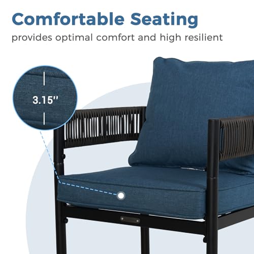 Grand patio Outdoor Dining Chair Set of 2, 2 Pieces Patio Dining Chairs, Metal Woven Wicker Fixed Patio Chairs with Peacock Blue Cushions for Backyard, Deck, Garden, Porch, Lawn and Poolside (Brown)