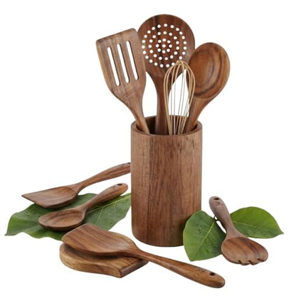 10 Pcs Wooden Utensil Set, 100% Natural Teak Wood Cooking Utensils with Spatula, Turner, Spoon Rest & Holder, Heat Resistant, Lightweight Wooden Spoons for Cooking, Safe for Nonstick Cookware