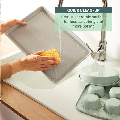 T-fal Refresh Ceramic Nonstick Baking Pans Set (5 Pieces), Roaster, 6-Cup for Muffins, Loaf, Square Baking Sheets Non Stick, Stackable Bakeware Sets, Mint Green