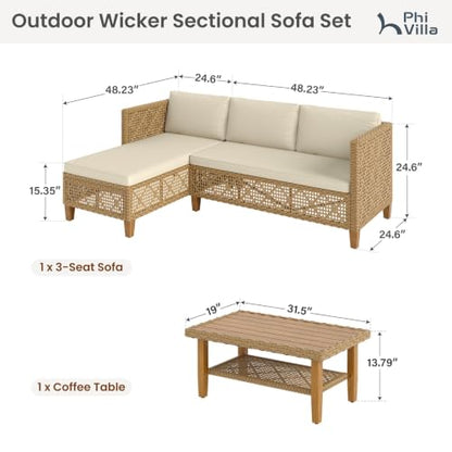 PHI VILLA Outdoor Sectional Couch, Small L-Shaped Patio Sofa Sets, Beige