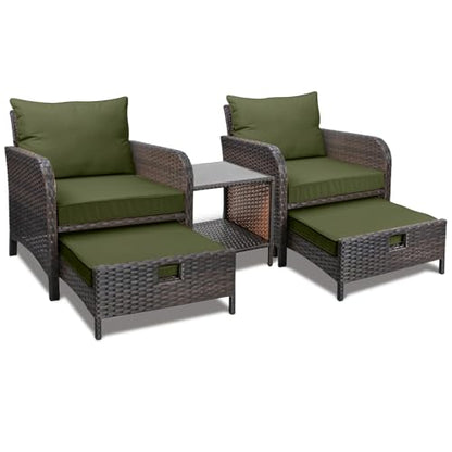 LEVELEVE Balcony Furniture 5 Piece Patio Conversation Set, PE Wicker Rattan Outdoor Lounge Chairs with Soft Cushions 2 Ottoman&Glass Table for Porch, Lawn-Brown Wicker（Army Green