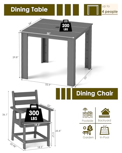 GREENVINES 5-Piece-Outdoor-Dining-Set | HDPE | Square | Patio Furniture | Table and Chairs Sets for 4 | All Weather | Removable Armrests | Umbrella Hole | for Backyard Poolside Garden | Grey