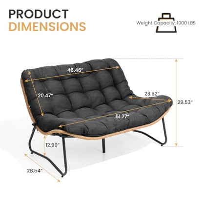 Outdoor Loveseat, Boho Rattan Patio Couch with Soft Cushion (Black)