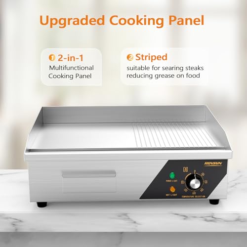 Bonnlo 22 Inch 1600W Commercial Electric Griddle with Stainless Steel Countertop, Half Flat Griddle, 122-572℉ Adjustable Temp Control of Flat Top Grill for Steak and Egg, Home & Restaurant, Plug