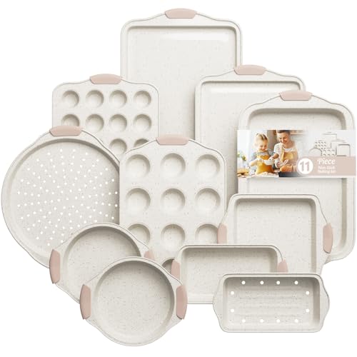 11-Piece Baking Pans Set Nonstick, Stackable Bakeware, Toxin-Free Baking Pans Set with Silicone Handles, Includes Cookie Sheets, Cake Pan, Loaf Pan, Pizza Pan, Muffin Pan, White&Khaki