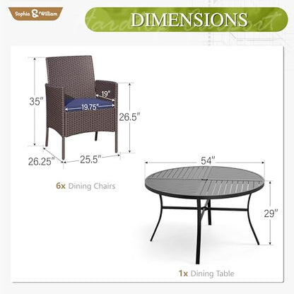 Sophia & William 7 Pieces Round Patio Dining Set for 6, Metal Patio Table and Rattan Chairs Set for Outside, All Weather Outdoor Dining Set with 1.6" - 2" Umbrella Hole