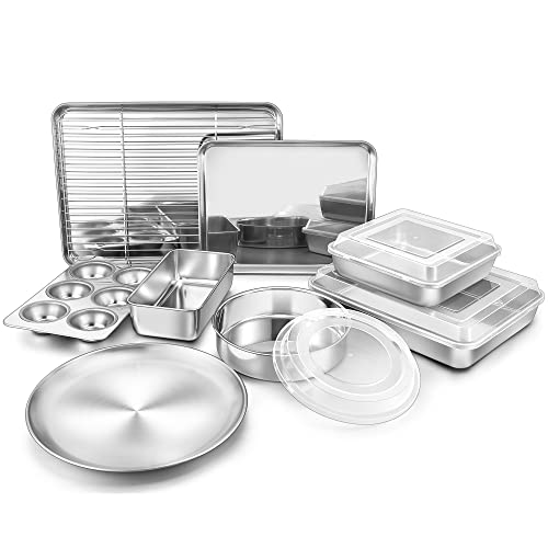 TeamFar Stainless Steel Bakeware Sets, Baking Sheet with Rack, Toaster Oven Pan & Pizza Pan, Lasagna Pan with Lids, Square & Round Cake Pan with Lids, Muffin & Loaf Pan, Healthy