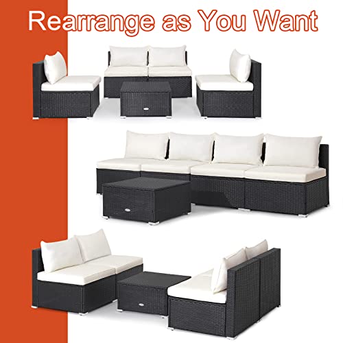 Tangkula 5-Piece Outdoor Patio Furniture Set, Patiojoy PE Wicker Conversation Set with Cushions and Coffee Table, Patio Sectional Sofa Furniture Set for Garden, Poolside, Backyard (Off White)