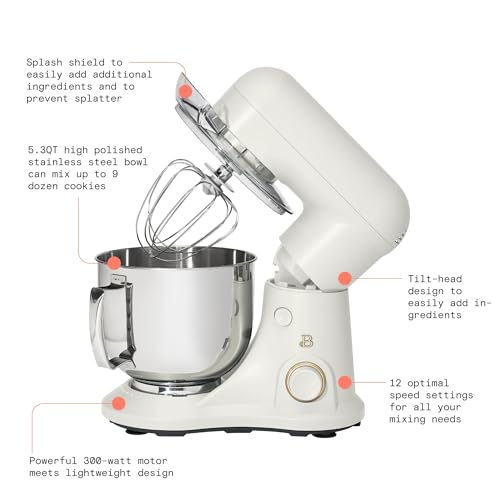 IT'S BRAZILIAN Beautiful 5.3 Qt Stand Mixer, White Icing with Flat Beater, Dough Hook, Balloon Whisk