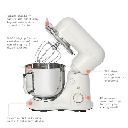 IT'S BRAZILIAN Beautiful 5.3 Qt Stand Mixer, White Icing with Flat Beater, Dough Hook, Balloon Whisk