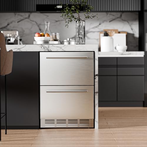 Antarctic Star Outdoor Beverage Refrigerator 24 Inch Wide,Stainless Steel Double Drawer Mini Fridge 145 Cans for Undercounter Built-in or Freestanding,Wine Cooler for Home & Patio,32-50°F,Silver