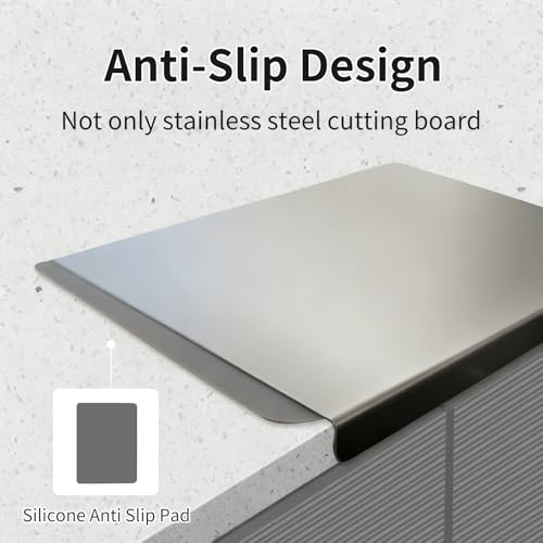 Large Stainless Steel Cutting Boards for Kitchen, Chopping Boards with Grey Non-slip Mat, Cutting Board with Counter Lip for Meat, Fruits, Vegetables, Bread,Dough(15.75" × 11.81")