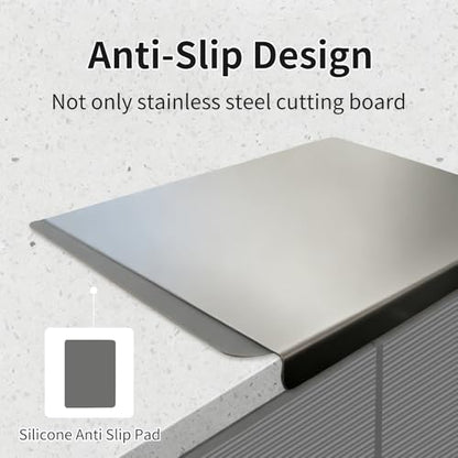 Large Stainless Steel Cutting Boards for Kitchen, Chopping Boards with Grey Non-slip Mat, Cutting Board with Counter Lip for Meat, Fruits, Vegetables, Bread,Dough(15.75" × 11.81")