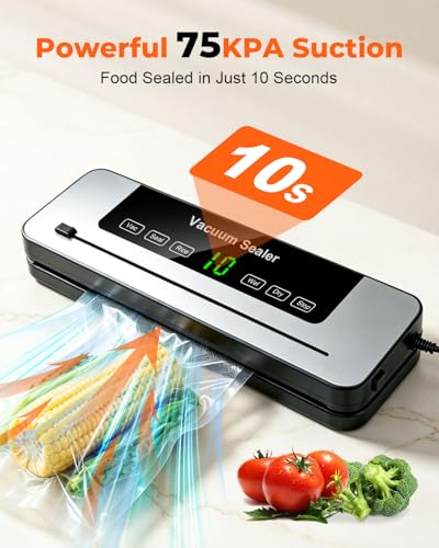 Vacuum Sealer Machine, 75KPa Strong Suction Dry Moist Mode Automatic Food Sealer with Digital Timer, Built-in Cutter, Compact Food Saver Machine White, Comes with 50 Vacuum Bags