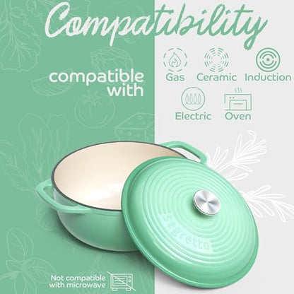 Segretto Cookware Enameled Cast Iron Dutch Oven, 6 Quarts, Light Green