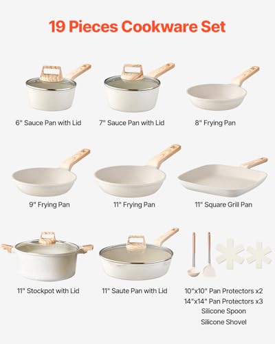 VEVOR 19 Piece Pots and Pans Set Nonstick, Granite Cookware Set, Induction Cookwares, Kitchen RV Cooking Sets with Frying, Sauce, Saute, Tempered Glass Lids, and Pan Protectors, White