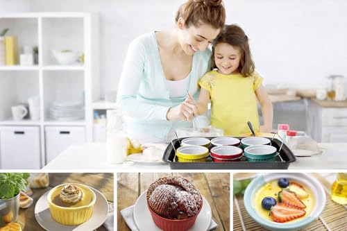 Ramekins set Mother’s Day Gift Set Creme Brulee Making Kit - COLORED 6 Porcelain Ramekins 6 Oz With Silicone Lids - 304 Stainless Steel Lifting Rack And 9.5" X 14" Baking Pan - Oven Safe