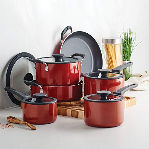 Tramontina Aluminum Non Stick 11-Piece Nesting Pots and Pans Set with Lids - Red, Kitchen Nonstick Cookware Set, Dishwasher and Oven Safe