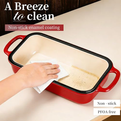 FUNKYLEE Enameled Cast Iron Bread Pan with Lid, 2-in-1 Loaf Pan for Baking Bread 8.5x4.5, Professional Sourdough Bread Pan for Homemade Bread, Set of 2, Red