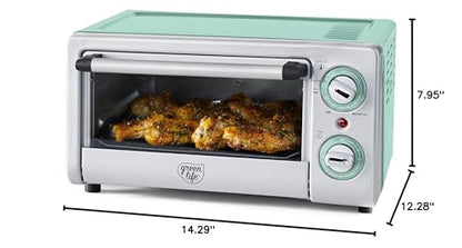GreenLife Countertop Toaster Oven Air Fryer Stainless Steel, Healthy Ceramic Nonstick, PFAS Free, Tray & Basket, Bake, Broil, Reheat, Adjustable Temp & Time Control, Auto Shutoff, Turquoise