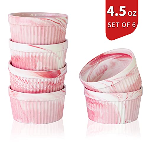 Yundu 4.5 Ounce Pink Marble Ceramic Ramekins - Perfect for Creme Brulee, Oven Safe Baking Bowls - Set of 6